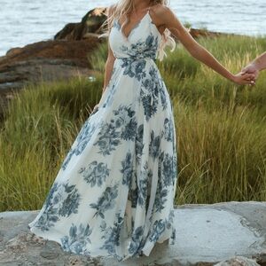 Lulus Elegantly Inclined Cream And Blue Floral Print Wrap Maxi Dress White